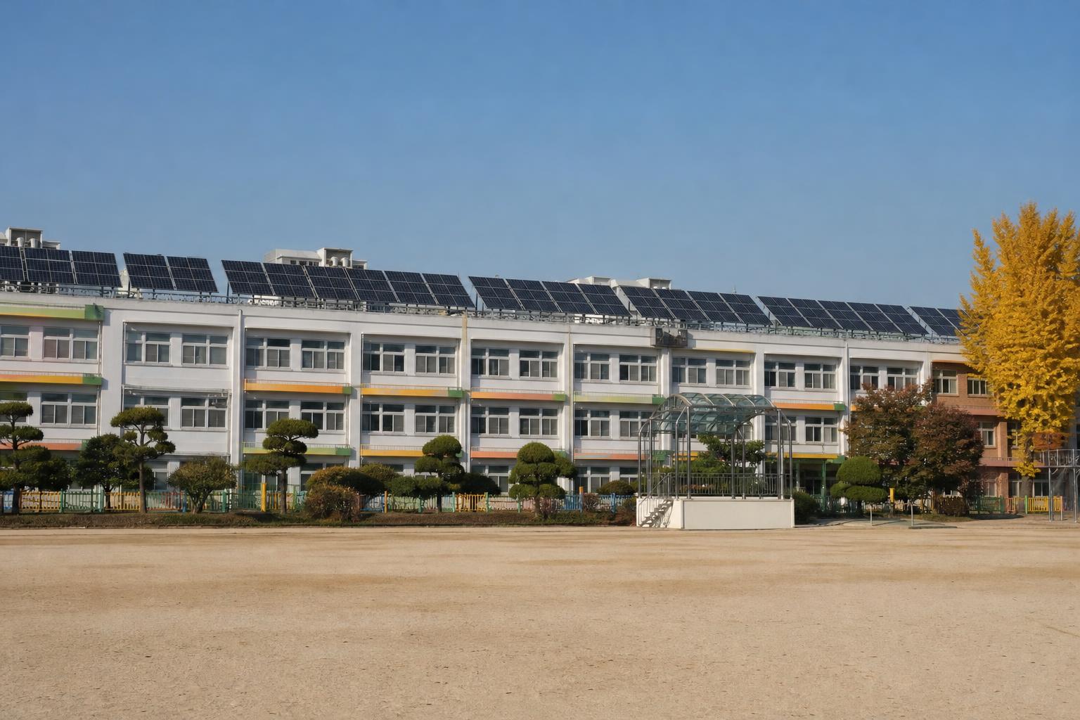 맑은 가을 하늘 아래 운동장에서 올려다본 학교 옥상의 태양광 패널