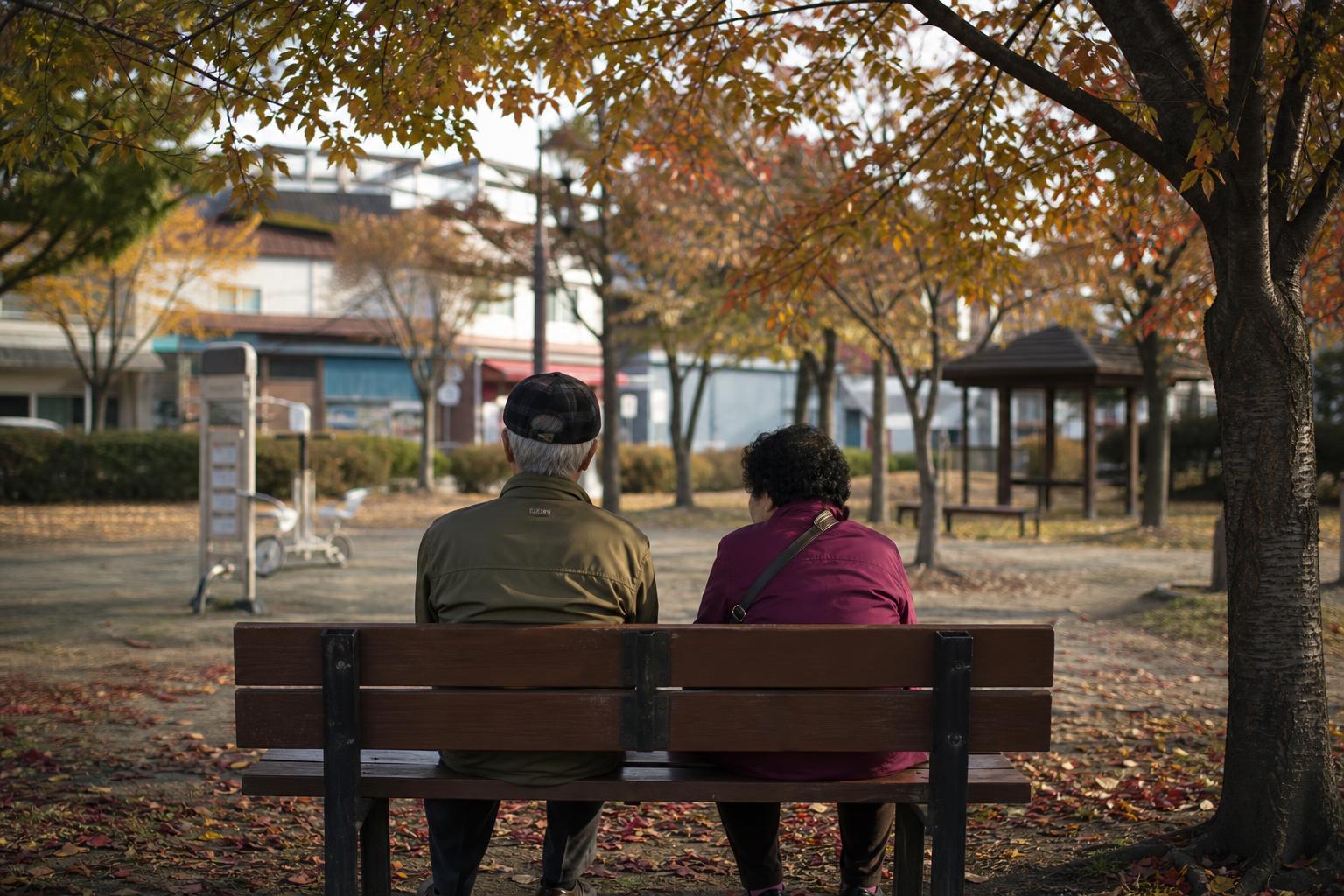 공원 벤치에 나란히 앉아 이야기를 나누는 노년 남녀의 뒷모습