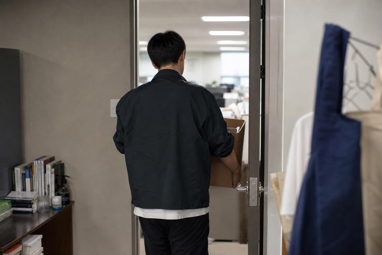 짐 상자를 들고 사무실을 나서는 사람의 뒷모습