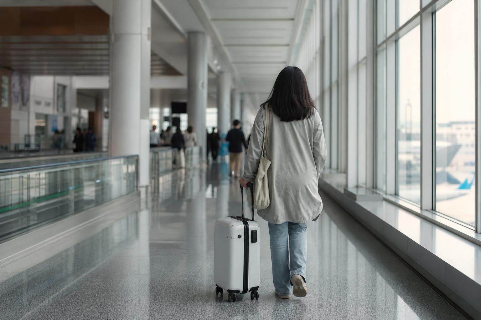 공항 출국장 통로를 걸어가는 여행자의 뒷모습