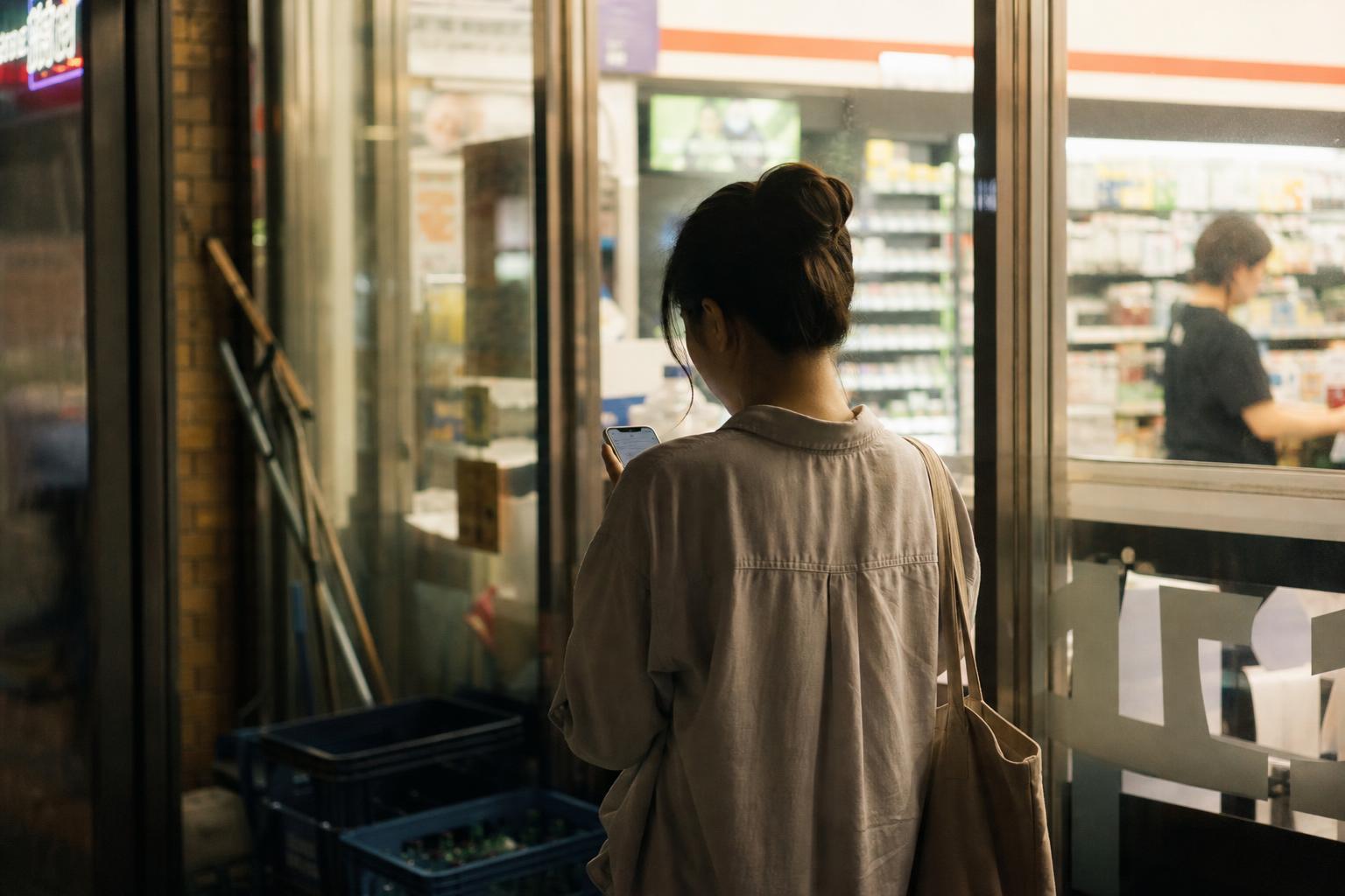 밤거리 편의점 창가에서 휴대전화를 들여다보는 사람의 뒷모습