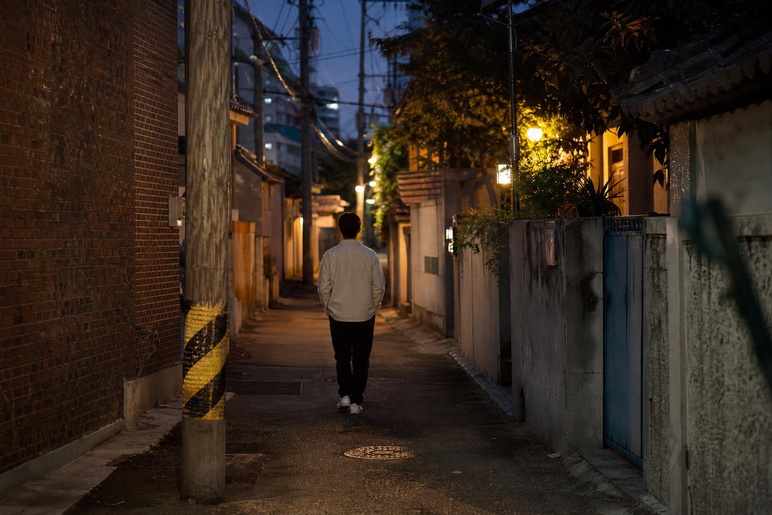 해 질 녘 한국 동네 골목길과 불 켜진 가로등