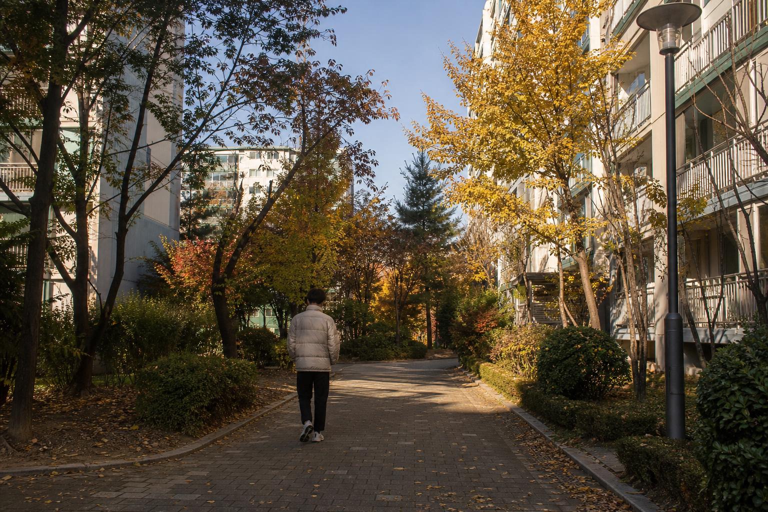 조정대상지역 아파트 단지 앞 길을 걷는 사람의 뒷모습