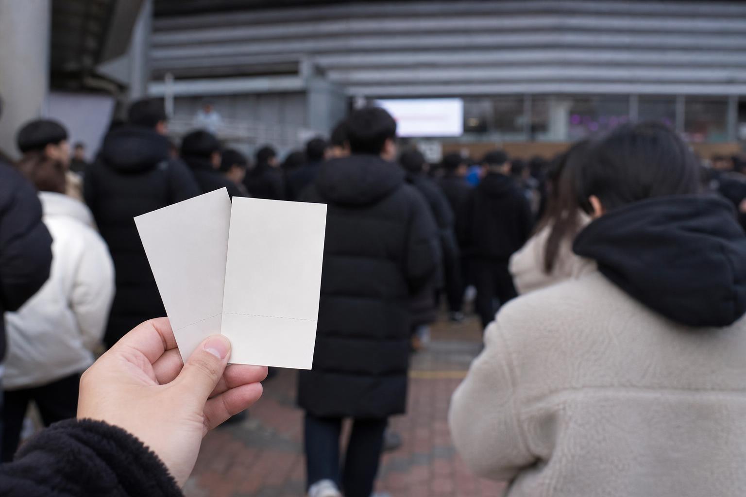 한국 공연장 입구 근처에서 종이 표 두 장을 든 손