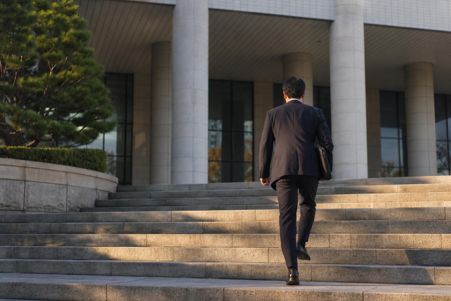 한국의 한 지방법원 청사 앞 계단을 오르는 사람의 뒷모습