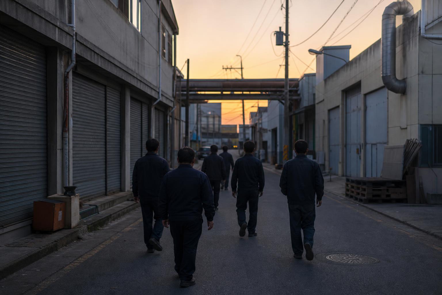 해 질 무렵 한국의 작은 공장 지대에서 문 닫힌 작업장 앞길을 걸어가는 노동자들의 뒷모습