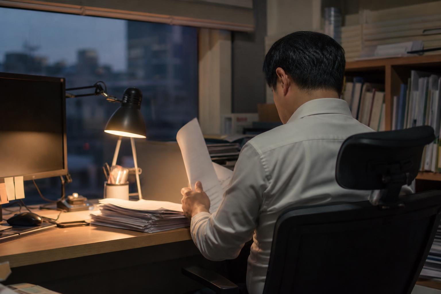 겨울 저녁 사무실 책상에서 서류를 정리하는 사람의 뒷모습