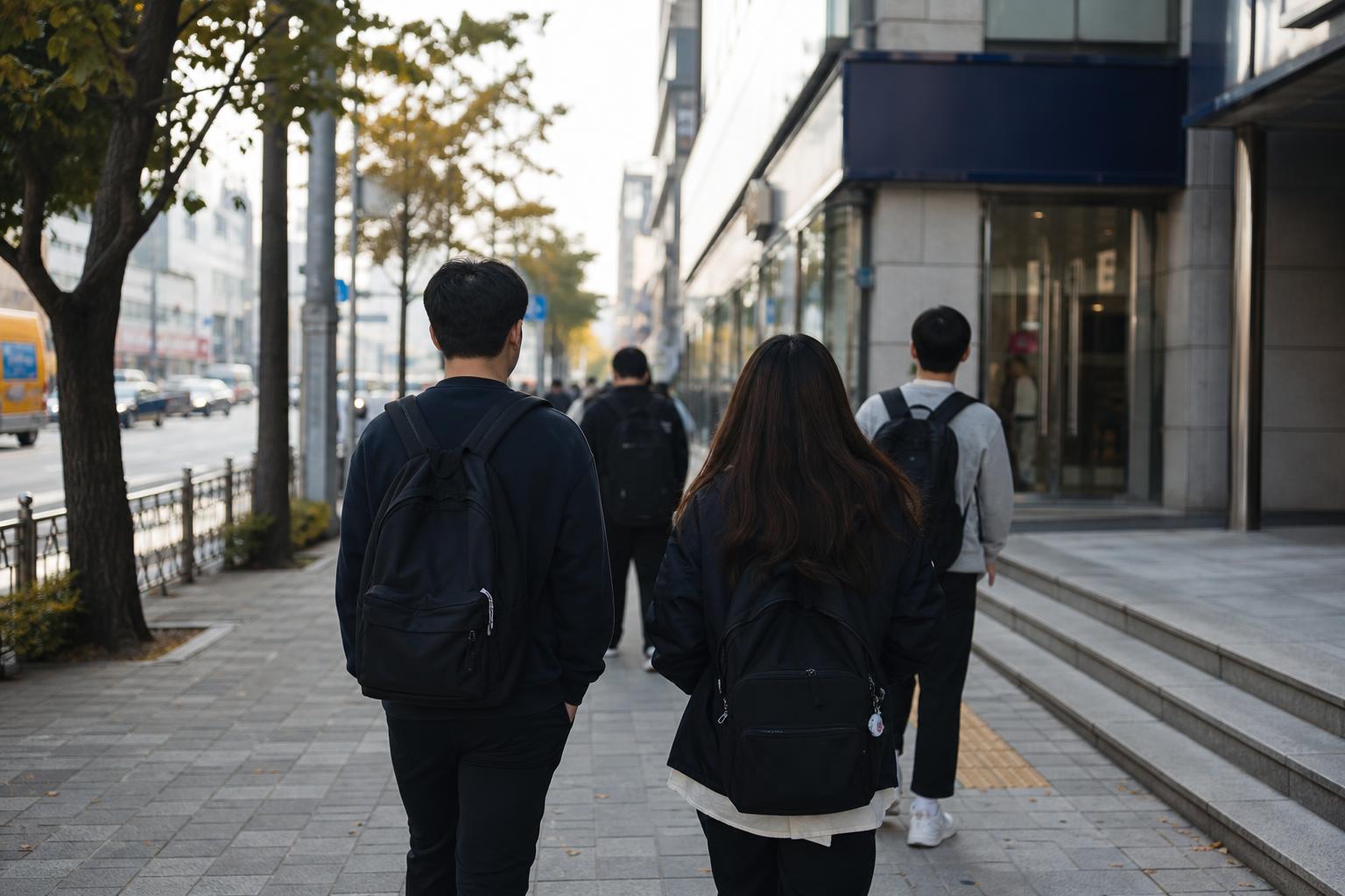 초가을 아침 은행 지점 앞 거리를 걸어가는 젊은 직장인들의 뒷모습
