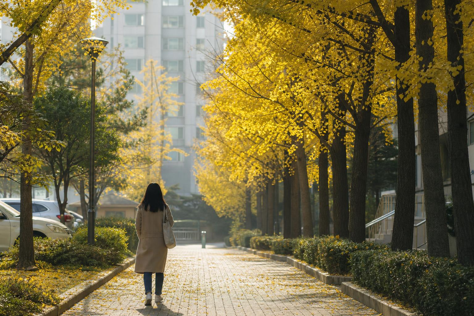 가을 아침 한국 아파트 단지 앞 보도를 걸어가는 청년의 뒷모습