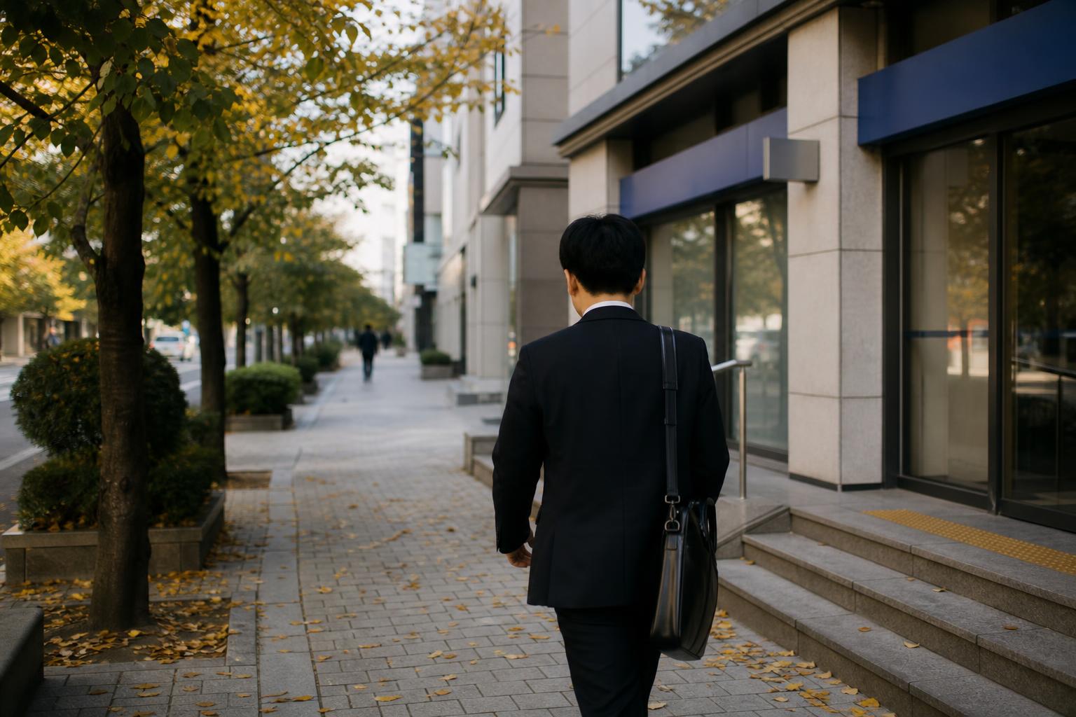 가을 아침 은행 지점으로 이어지는 도심 거리를 걷는 청년의 뒷모습